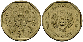 Сингапур 1 доллар 1988 барвинок KM 54b алюминиевая бронза 4167-1012