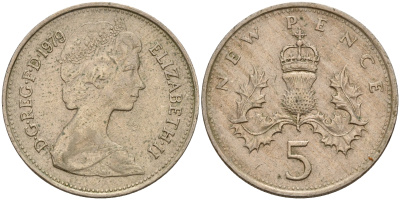 Великобритания 5 пенсов 1979 Елизавета II (1952-2022) KM 911, Spink 4233 (D1) медно-никель    4187-535