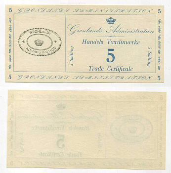 Гренландия 5 скиллингов 1942 торговый сертификат Pick M9 бумага UNC (пресс) 451-279-1