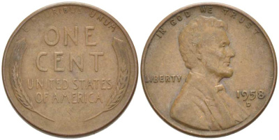 США 1 ЦЕНТ 1958 D, ЛИНКОЛЬН KM А132 медь цинк 3309-1226