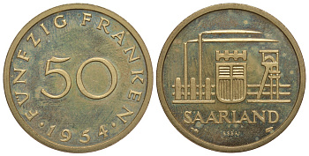 Саарланд 50 франков 1954 ESSAI, пробный выпуск KM E5 PROOF 00-812-49