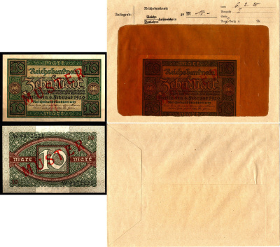 Германия 10 марок 1920 6 февраля, MUSTER, образец, Specimen. В оригинальном банковском конверте. Из коллекции Отто Сейфферта (помощник Ялмара Шахта - министра экономики Германии и президента Рейхсбанка времен третьего рейха) Pick 67 s, Grabowski DEU 73 a 