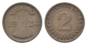 Германия 2 рентенпфеннига 1924 F KM 31 бронза 4685-661
