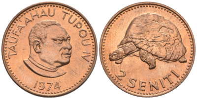 Тонга 2 сенити 1974 король Тауфа’ахау Тупоу IV (1967-2006), черепаха KM 28 бронза  UNC  220-1159