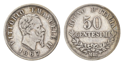 Италия 50 чентезимо 1867 M, Виктор Эммануил II (1861-1878) KM 14.1 серебро 272-944