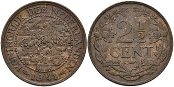 Нидерланды 2 1/2 цента 1941 Вильгельмина I (1890-1948) KM 150 бронза 4148-736