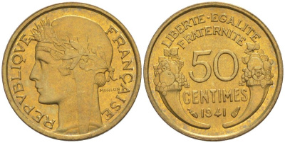 ФРАНЦИЯ 50 САНТИМОВ 1941 ТИП MORLON KM 894.1, LE FRANC 192.18 алюминиевая бронза 44-422