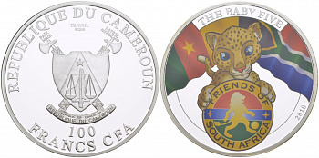 КАМЕРУН 100 ФРАНКОВ 2010 СЕРИЯ ДЕТЕНЫШИ БОЛЬШОЙ ПЯТЕРКИ, ЛЕОПАРД, ЭМАЛЬ, ТИРАЖ 1000 ЭКЗ. KM NEW медь плакированная серебром 00-000-00