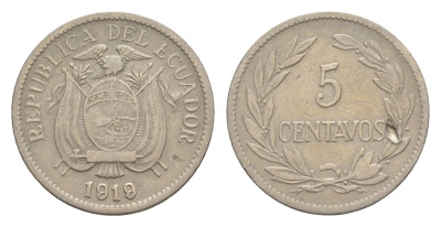 Эквадор 5 сентаво 1919 KM 63 медно-никель 4640-1111