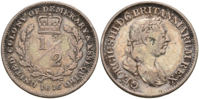 Эссекибо и Демерари 1/2 гульдена 1816 Георг III (1760-1820) KM 12 серебро 633-511
