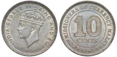 Британская Малайя 10 центов 1943 Георг VI (1937-1952) KM 4a серебро 53-237