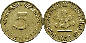ФРГ 5 ПФЕННИГОВ 1950 D KM 107, J.382 сталь плакированная латунью 4392-447