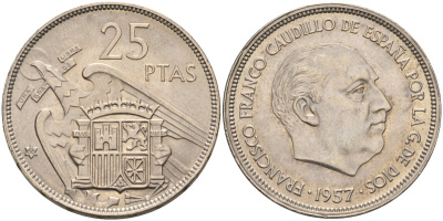 Испания 25 песет 1957(66) Франциско Франко (1939-1975) KM 787 медно-никель аUNC 4583-1023