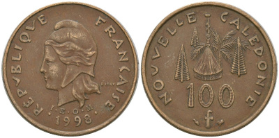 Французская Новая Каледония 100 франков 1998 хижина среди сосен и пальм, (IEOM) KM 15, Schoen 16, Lec 139b никель латунь 4140-1044