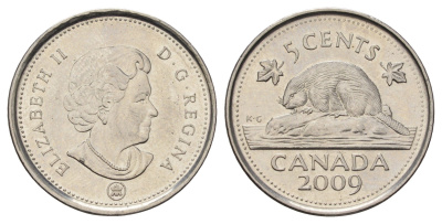 Канада 5 центов 2009 Leaf, Елизавета II (1952-2022), бобр KM 491 сталь плакированная никелем 4689-518