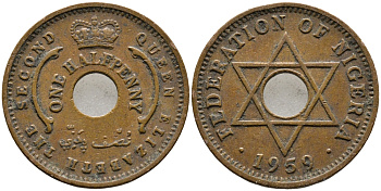 Нигерия 1/2 пенни 1959 Елизавета II (1952-), Британский протекторат KM 1 бронза 4392-1263