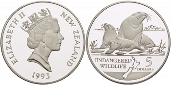 Новая Зеландия 5 долларов 1993 охрана окружающей среды, морские львы KM 89 серебро PROOF 11-177-11