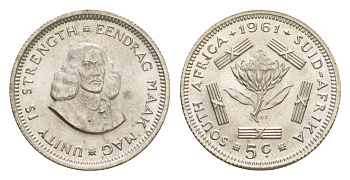ЮАР 5 центов 1961 KM 59 серебро UNC 4636-326
