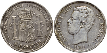 Испания 5 песет 1871 (74) DE-M, Амадео I KM 666 серебро    00-1067-1-11
