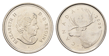 Канада 25 центов 2006 P, Елизавета II (1952-2022), олень KM 493 сталь плакированная никелем UNC 4688-537