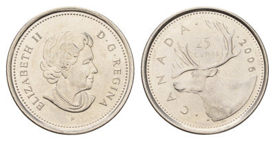 Канада 25 центов 2006 P, Елизавета II (1952-2022), олень KM 493 сталь плакированная никелем UNC 4688-537