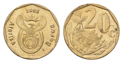 ЮАР 20 центов 2003 герб, цветок протея KM 327 сталь плакированная бронзой UNC 4687-555