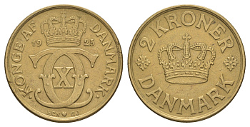 Дания 2 кроны 1925 HCN; GJ, Кристиан X (1912-1947) KM 825 алюминиевая бронза aUNC 1523-434