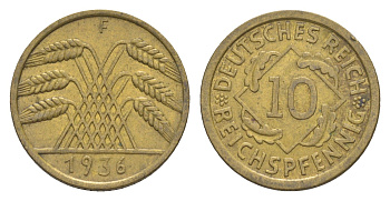 Германия 10 рейхспфеннигов 1936 F KM 40, J. 317 алюминиевая бронза 4549-1065