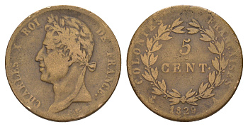 Французская Вест-Индия 5 сантимов 1829 A, Карл X (1824-1830) KM 10 бронза 1520-913