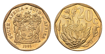 ЮАР 20 центов 1995 герб, цветок протея KM 136 сталь плакированная бронзой UNC 4694-846