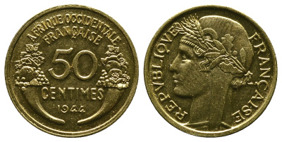 Французская Западная Африка 50 сантимов 1944 редкая KM 1, Lec 1 алюминиевая бронза aUNC 4381-935