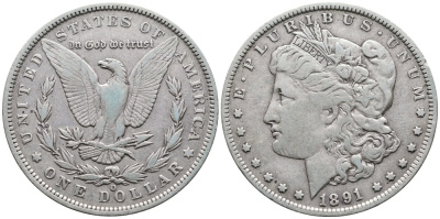 США 1 ДОЛЛАР 1891 O, МОРГАН ДОЛЛАР, МОНДВОР ОРЛЕАН KM 110 серебро 272-1235