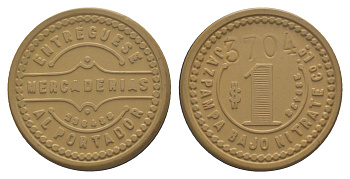 Чили, JAZPAMPA BAJO NITRATE C?.LTD, Запига (Zapiga) шахтерский жетон с Селитряного рудника для покупки в местных магазинах, номиналом в 1 песо около 1904 диаметр 20 мм, вес 2,80 гр Espinosa 145.4 эбонит (охра) 1094-3-81