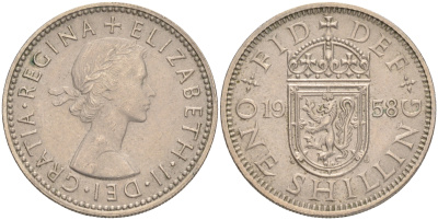 Великобритания 1 шиллинг 1958 Елизавета II (1952-2022), Шотландский герб KM 905, Spink 4148 медно-никель 4561-743