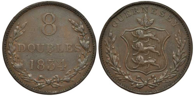 Гернси 8 даблов (дублей) 1834 KM 3 медь 650-633