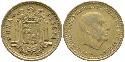 ИСПАНИЯ 1 ПЕСЕТА 1966 (70) ФРАНСИСКО ФРАНКО ДИКТАТОР ИСПАНИИ (1939-1975) KM 796 алюминиевая бронза 110-1213