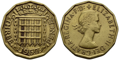 Великобритания 3 пенса 1960 Елизавета II (1952-2022) KM 900, Spink 4153 никель латунь 45-1046
