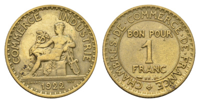 Франция 1 франк 1922 KM 876, Le Franc 218.14 алюминиевая бронза 3856-325