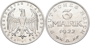 Германия 3 марки 1922 A, третья годовщина Веймарской Конституции KM 29, J.303 алюминий UNC 4587-313