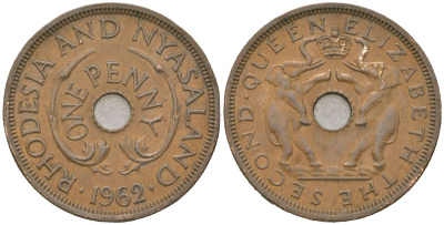 Родезия и Ньясаленд 1 пенни 1962 Елизавета II (1952-2022) KM 2 бронза 4616-124