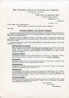 Австралия, Национальный банк Австралии 2, 5, 10, 20 и 50 фунтов 1967 дорожные чеки, оригинальный буклет, образец Specimen   бумага  UNC (пресс) 5548-3-1-2