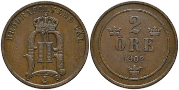 Швеция 2 эре 1902 Оскар II (1872-1907) король Швеции и Норвегии KM 746 бронза 55-1044