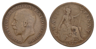 Великобритания 1/2 пенни 1927 Георг V (1910-1936) KM 824, Spink 4057 бронза 28-1147