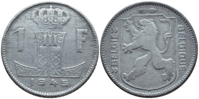 БЕЛЬГИЯ 1 ФРАНК 1945 BELGIE-BELGIQUE, ГЕРМАНСКАЯ ОККУПАЦИЯ, ВТОРАЯ МИРОВАЯ ВОЙНА KM 128 цинк 29-551