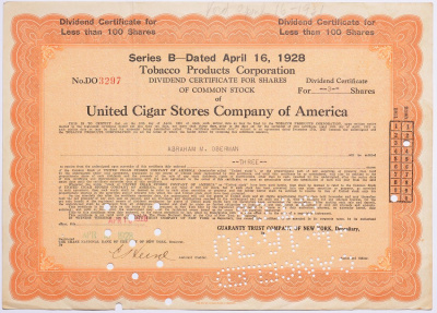 США 3 акции 1928 Объединенной сигарной компании   бумага   5547-7-2-1