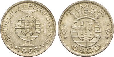 Португальский Тимор 6 эскудо 1958  KM 15 серебро  aUNC  4635-911