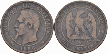 Франция 10 сантимов 1856 MA, Наполеон III (1852-1870) KM 771.6, Le Franc 133.37 бронза    4680-616