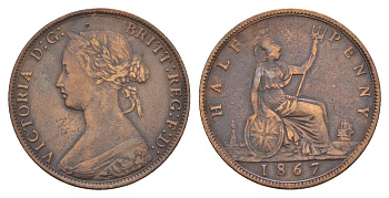 Великобритания 1/2 пенни 1867 Виктория (1837-1901) KM 748, Spink 3956 бронза 1520-821
