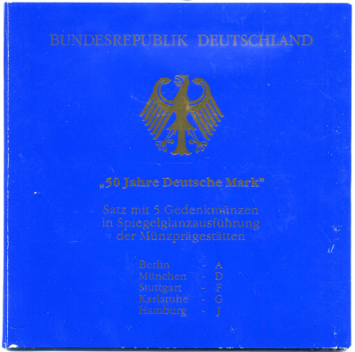 ФРГ набор из 5 штук по 10 марок 1998 A, D, F, G, J,  50 лет марке ФРГ KM 195 серебро PROOF 6-5-2-1