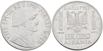 Албания 0,20 лека 1940 R, Итальянская оккупация KM 29 нержавеющая сталь 4538-126